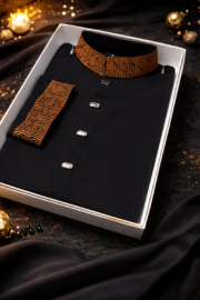 Zynoor Black China Micro Stitch Panjabi with Elegant Embroidery – Premium Traditional Wear for Men in Bangladesh Alternate ALT (Detail View): Close-up Embroidery Detail of Black Micro Stitch Panjabi by Zynoor