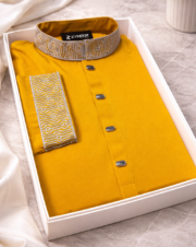 Zynoor Mustard Yellow China Micro Stitch Panjabi with Elegant Embroidery – Premium Traditional Wear for Men in Bangladesh Alternate ALT: Premium Mustard Yellow Micro Stitch Embroidery Detail Panjabi by Zynoor