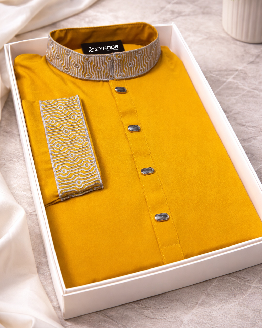 Zynoor Mustard Yellow China Micro Stitch Panjabi with Elegant Embroidery – Premium Traditional Wear for Men in Bangladesh Alternate ALT: Premium Mustard Yellow Micro Stitch Embroidery Detail Panjabi by Zynoor
